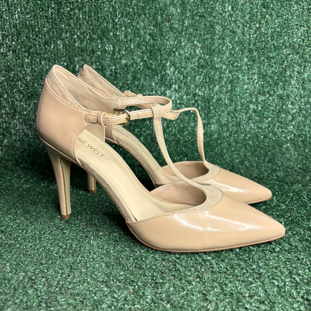 Nine West Tatumo T-Strap Pointed Toe Patent Leather Pumps Nude Heels Womens 10M